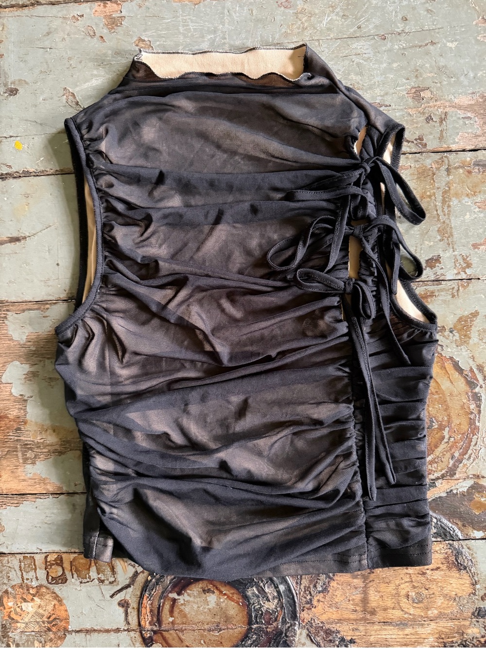 Cider Romantic Black Sheer Ruched Top with Beige Layer and 3 Bow Tie Accents